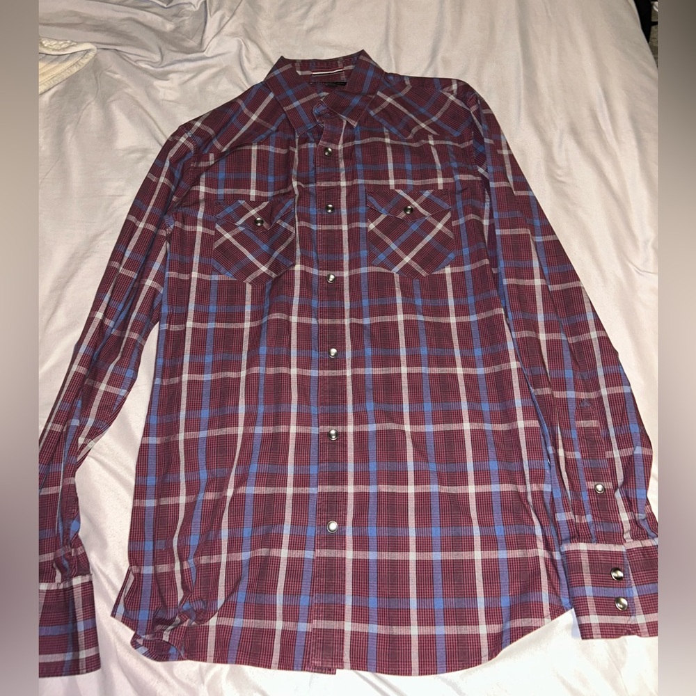 Burgundy and blue plaid button up from banana republic